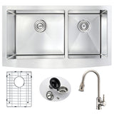 ANZZI KAZ3320-130 Elysian Farmhouse 33 in. Double Bowl Kitchen Sink with Sails Faucet in Brushed Nickel