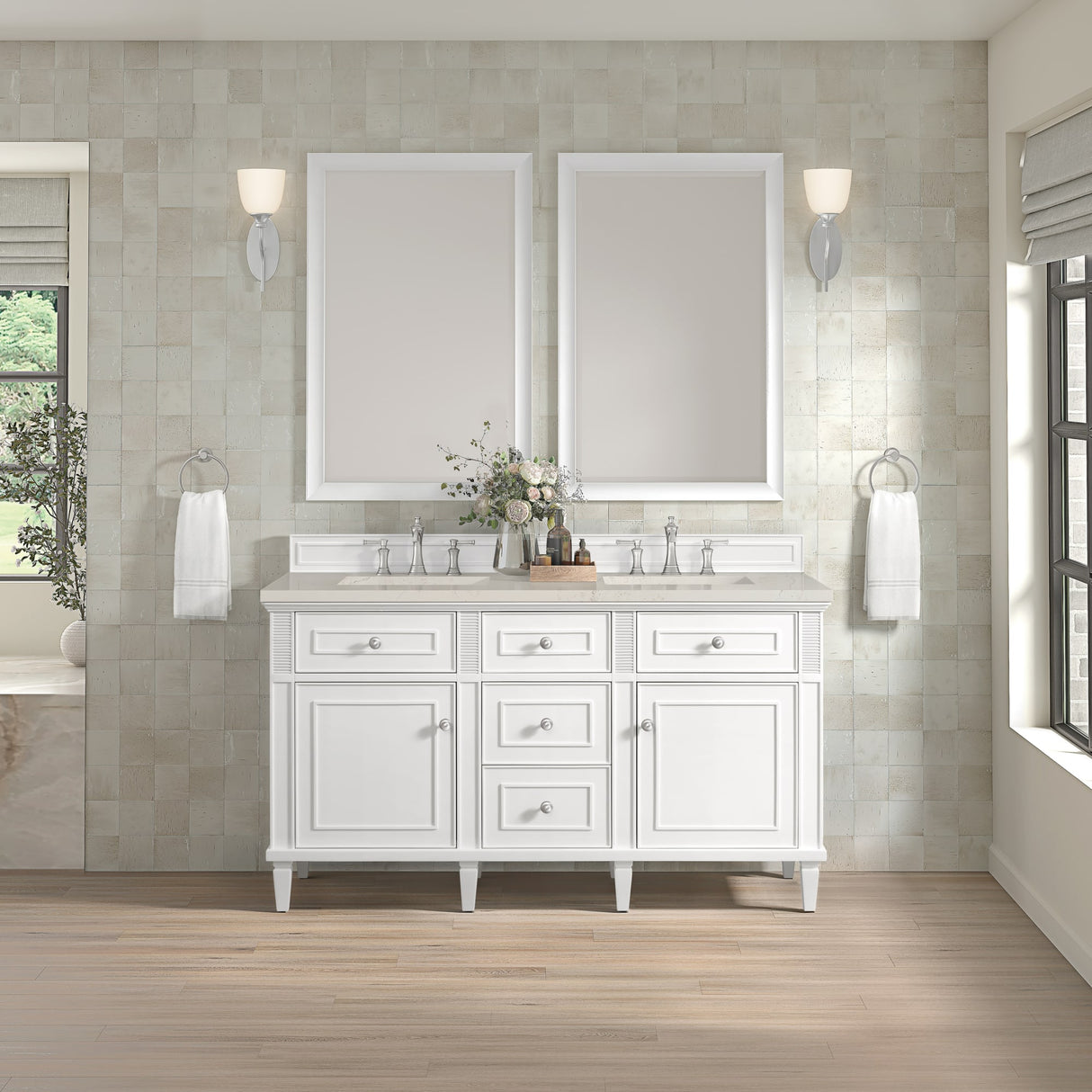 Lorelai 60" Double Vanity, Bright White, w/ 3 CM Siberian Silestone Top w/FreePower Wireless Charger