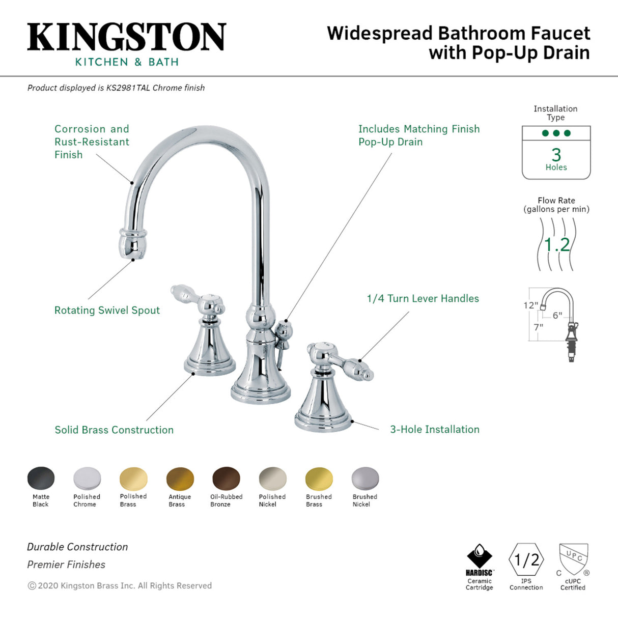 Kingston Brass KS2980TAL Tudor Widespread Bathroom Faucet with Brass Pop-Up, Matte Black