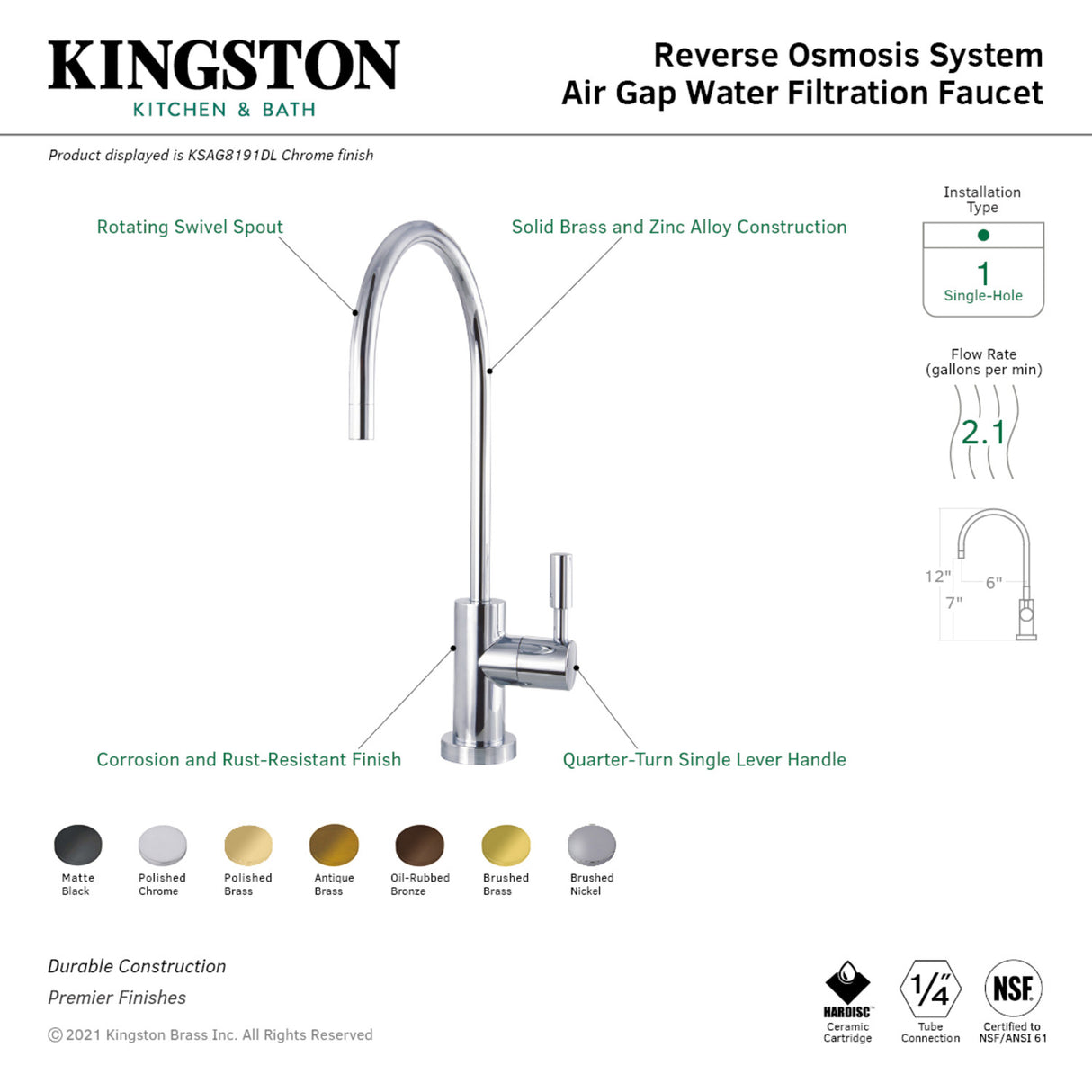 Kingston Brass KSAG8191DL Concord Reverse Osmosis System Filtration Water Air Gap Faucet, Polished Chrome
