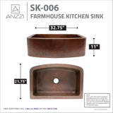 ANZZI SK-006 Pieria Farmhouse Handmade Copper 33 in. 0-Hole Single Bowl Kitchen Sink in Hammered Antique Copper