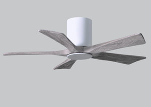 Matthews Fan IR5HLK-WH-BW-42 IR5HLK five-blade flush mount paddle fan in Gloss White finish with 42” solid barn wood tone blades and integrated LED light kit.