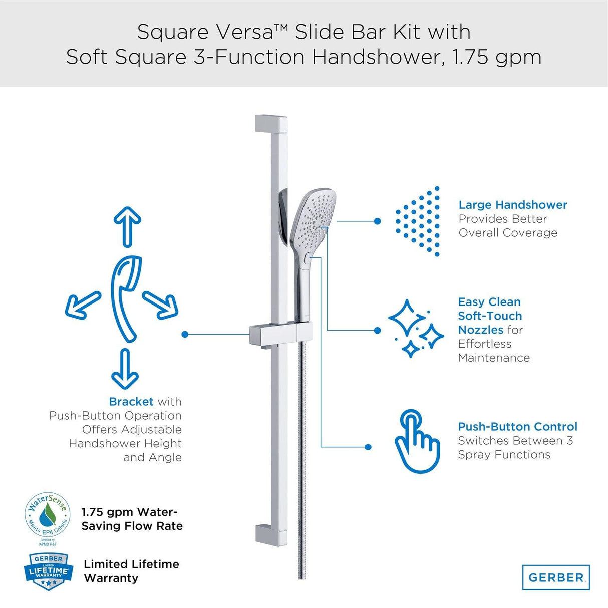 Gerber D461738 Versa Square 30" Slide Bar Assembly With Soft Square 3-FUNCTION...