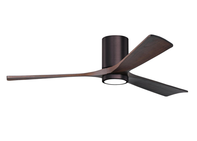 Matthews Fan IR3HLK-BB-WA-60 Irene-3HLK three-blade flush mount paddle fan in Brushed Bronze finish with 60” solid walnut tone blades and integrated LED light kit.