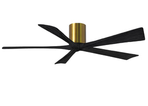 Matthews Fan IR5H-BRBR-BK-60 Irene-5H five-blade flush mount paddle fan in Brushed Brass finish with 60” solid matte black wood blades. 
