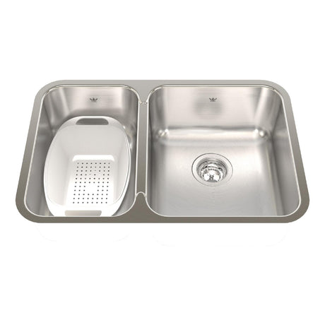 KINDRED QCUA1827L-8N Steel Queen 26.88-in LR x 17.75-in FB x 8-in DP Undermount Double Bowl Stainless Steel Kitchen Sink In Satin Finished Bowls with Silk Finished Rim
