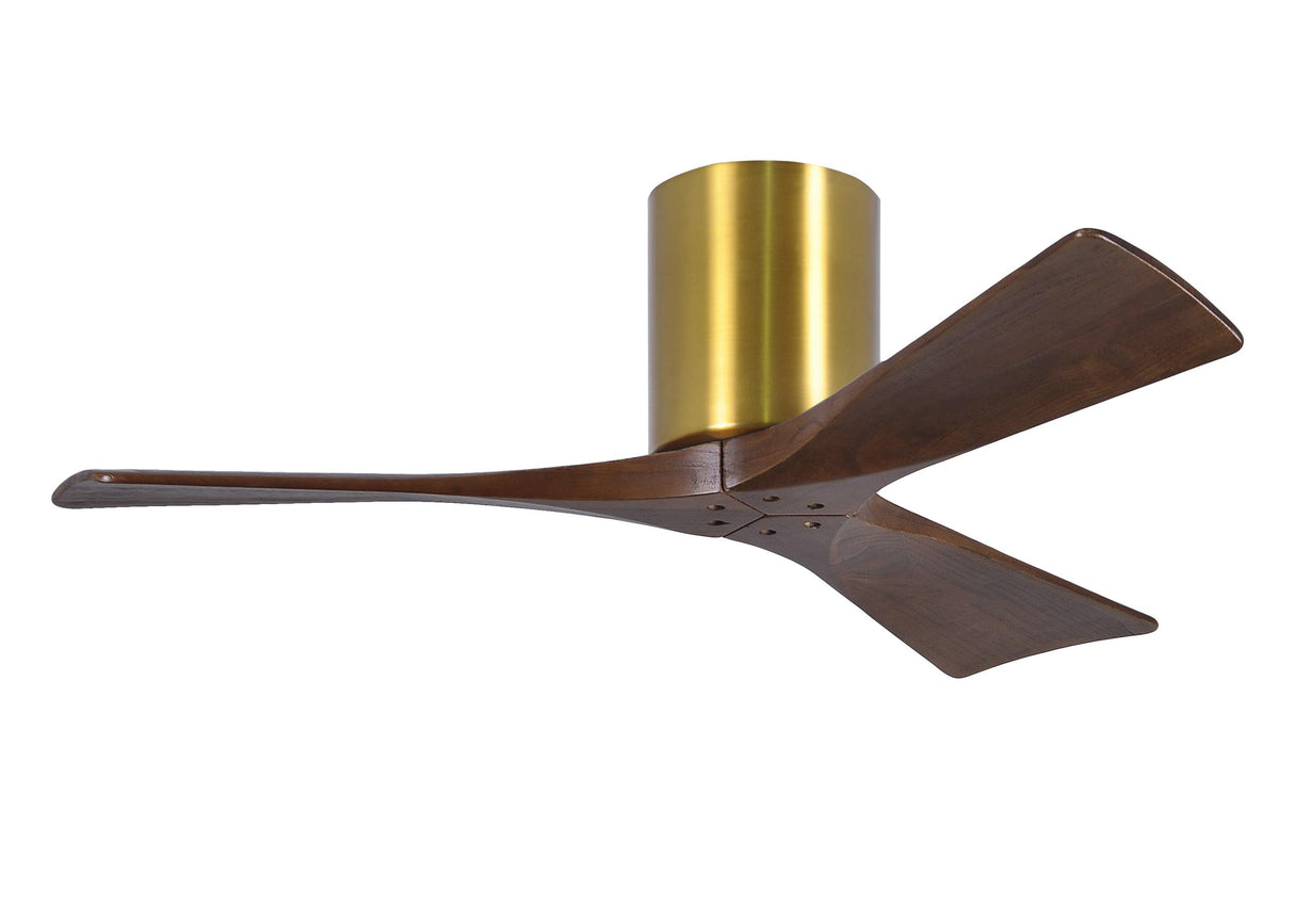 Matthews Fan IR3H-BRBR-WA-42 Irene-3H three-blade flush mount paddle fan in Brushed Brass finish with 42” solid walnut tone blades. 