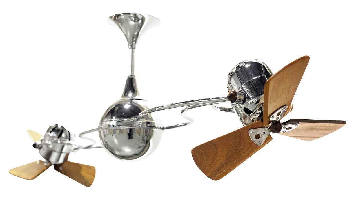 Matthews Fan IV-CR-WD-DAMP Italo Ventania 360° dual headed rotational ceiling fan in polished chrome finish with solid sustainable mahogany wood blades for damp location.