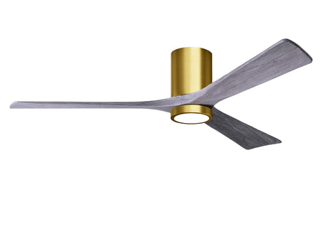 Matthews Fan IR3HLK-BRBR-BW-60 Irene-3HLK three-blade flush mount paddle fan in Brushed Brass finish with 60” solid barn wood tone blades and integrated LED light kit.