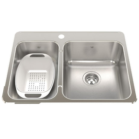 KINDRED QCLA2027L-8-1N Steel Queen 27.25-in LR x 20.56-in FB x 8-in DP Drop In Double Bowl 1-Hole Stainless Steel Kitchen Sink In Satin Finished Bowls with Mirror Finished Rim