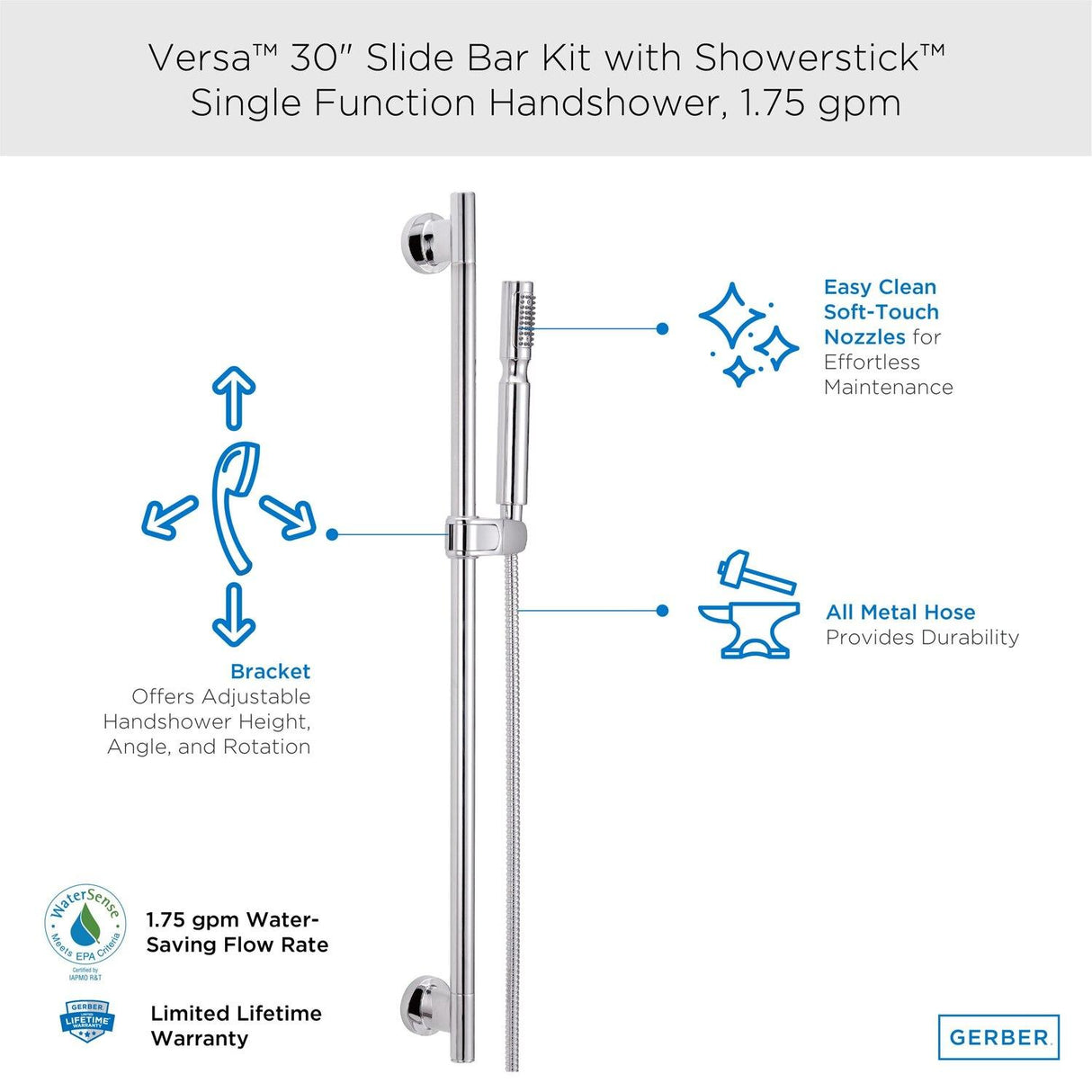 Gerber D461707 Chrome Versa 30" Slide Bar Assembly With Showerstick HANDSH...