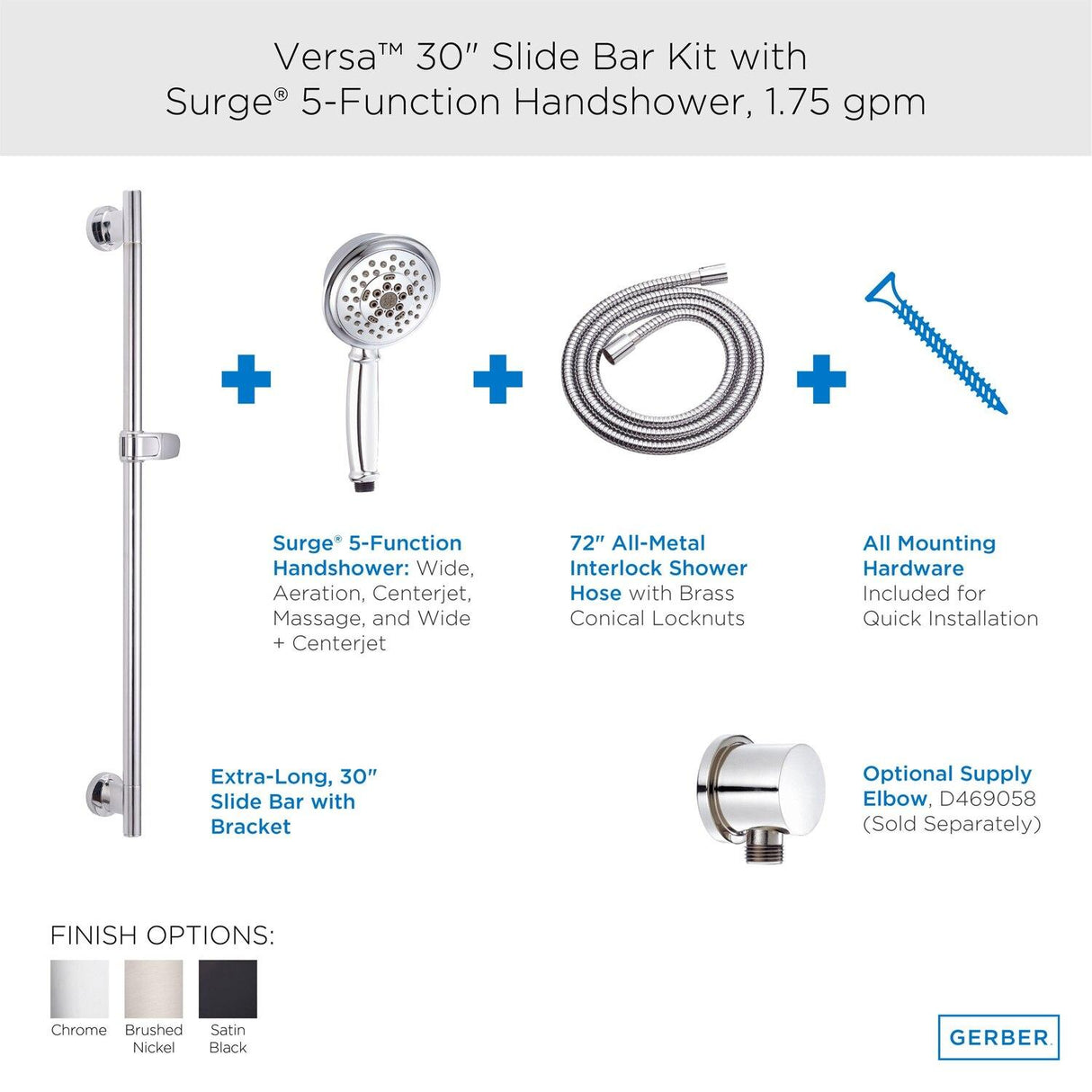 Gerber D461725 Chrome Versa 30" Slide Bar Assembly With Surge 5-function HA...