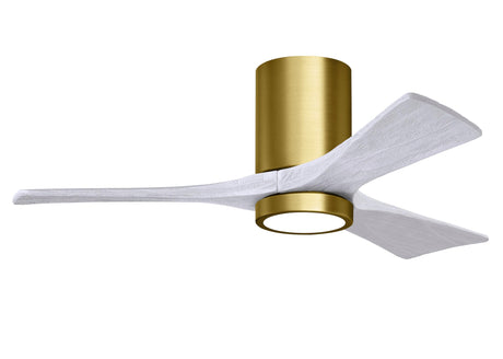 Matthews Fan IR3HLK-BRBR-MWH-42 Irene-3HLK three-blade flush mount paddle fan in Brushed Brass finish with 42” solid matte white wood blades and integrated LED light kit.