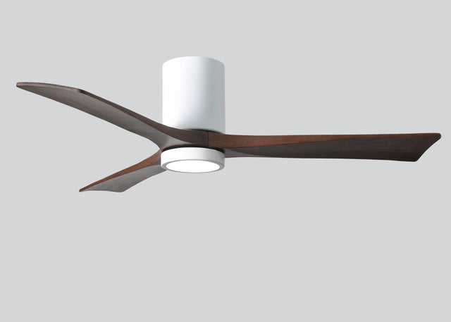 Matthews Fan IR3HLK-WH-WA-52 Irene-3HLK three-blade flush mount paddle fan in Gloss White finish with 52” solid walnut tone blades and integrated LED light kit.