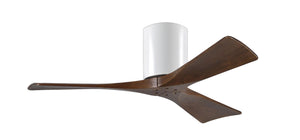 Matthews Fan IR3H-WH-WA-42 Irene-3H three-blade flush mount paddle fan in Gloss White finish with 42” solid walnut tone blades. 