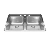 KINDRED RDL2031-3N Reginox 31.25-in LR x 20.5-in FB x 7-in DP Drop In Double Bowl 3-Hole Stainless Steel Kitchen Sink In Linear Brushed Bowls with Mirror Finished Rim