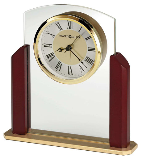Howard Miller Winfield Table Clock 645-790 - Satin Rosewood Hall Finish Sides, Satin Gold Tone Base, Flat Glass Crystal, Modern Home Décor, Quartz, Alarm Movement