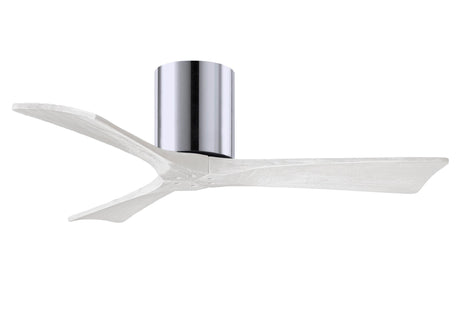 Matthews Fan IR3H-CR-MWH-42 Irene-3H three-blade flush mount paddle fan in Polished Chrome finish with 42” solid matte white wood blades. 