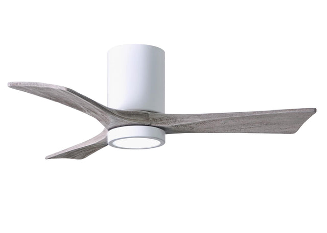Matthews Fan IR3HLK-WH-BW-42 Irene-3HLK three-blade flush mount paddle fan in Gloss White finish with 42” solid barn wood tone blades and integrated LED light kit.