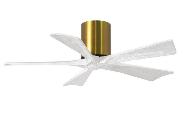 Matthews Fan IR5H-BRBR-MWH-42 Irene-5H five-blade flush mount paddle fan in Brushed Brass finish with 42” solid matte white wood blades. 