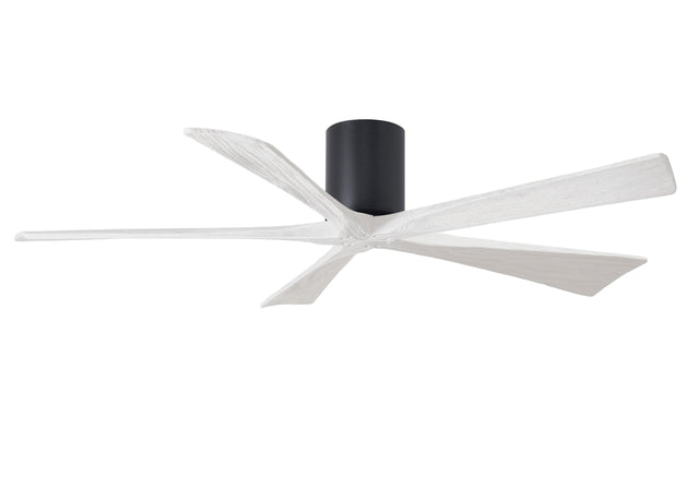 Matthews Fan IR5H-BK-MWH-60 Irene-5H five-blade flush mount paddle fan in Matte Black finish with 60” solid matte white wood blades. 