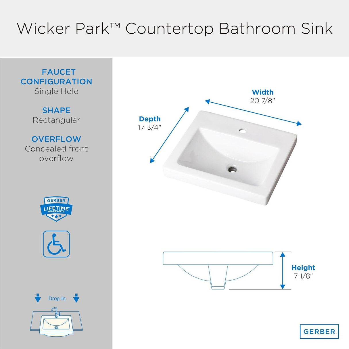 Gerber G0012892 White Wicker Park Rectangular Single Hole Above Counter Bathroom Sink