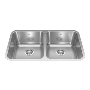 KINDRED ND1831UA-9N Reginox 30.88-in LR x 17.75-in FB x 8.5-in DP Undermount Double Bowl Stainless Steel Kitchen Sink In Linear Brushed Bowls  with Silk Finished Rim