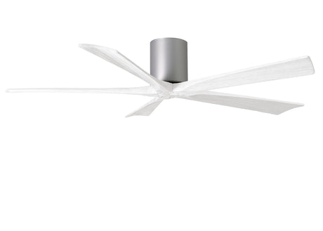 Matthews Fan IR5H-BN-MWH-60 Irene-5H five-blade flush mount paddle fan in Brushed Nickel finish with 60” solid matte white wood blades. 