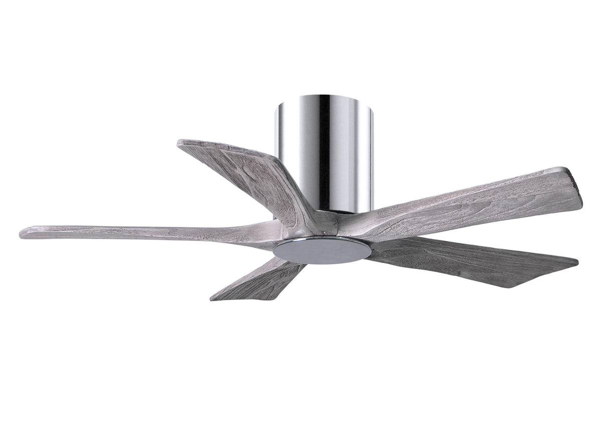 Matthews Fan IR5HLK-CR-BW-42 IR5HLK five-blade flush mount paddle fan in Polished Chrome finish with 42” solid barn wood tone blades and integrated LED light kit.