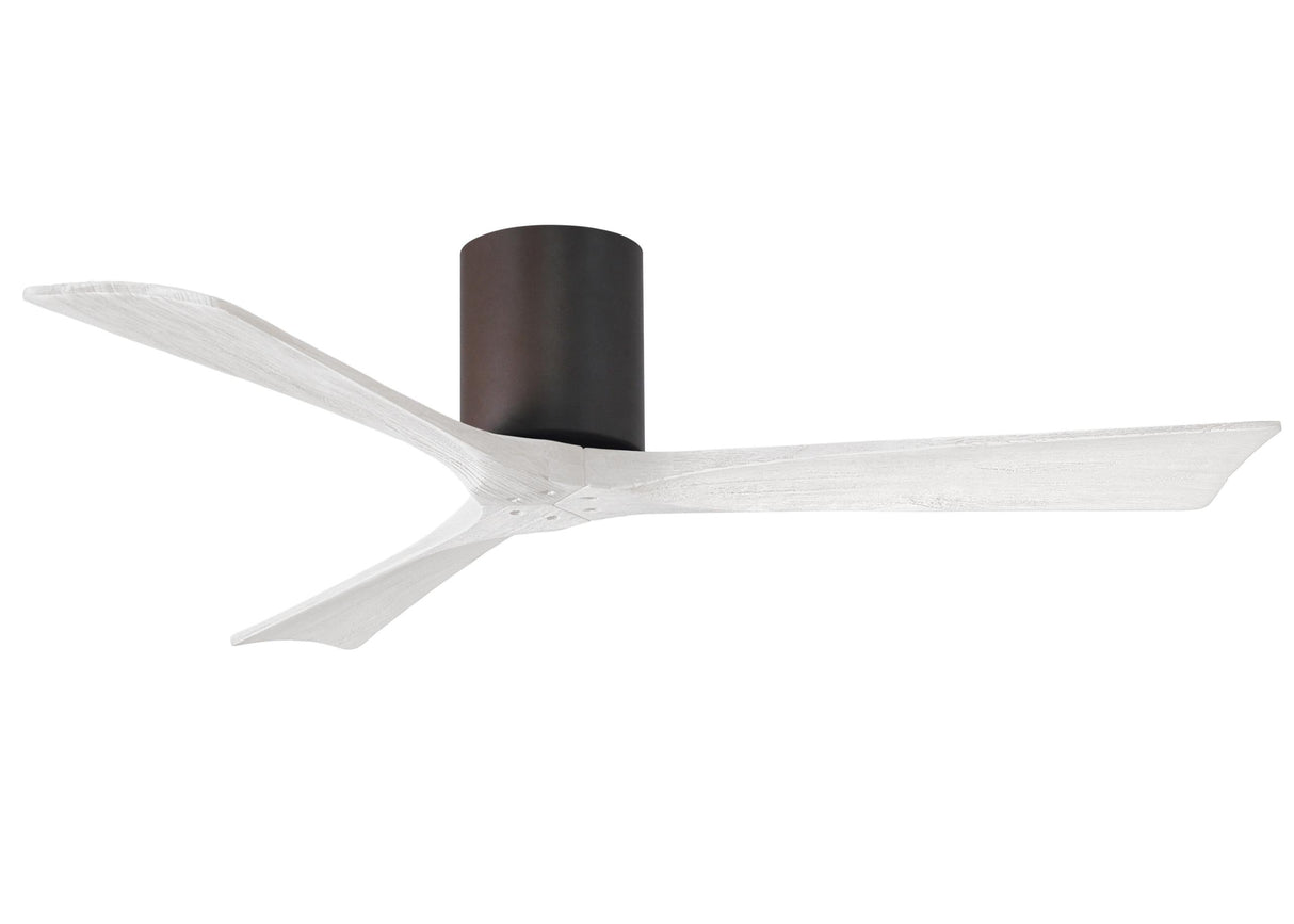 Matthews Fan IR3H-TB-MWH-52 Irene-3H three-blade flush mount paddle fan in Textured Bronze finish with 52” solid matte white wood blades. 