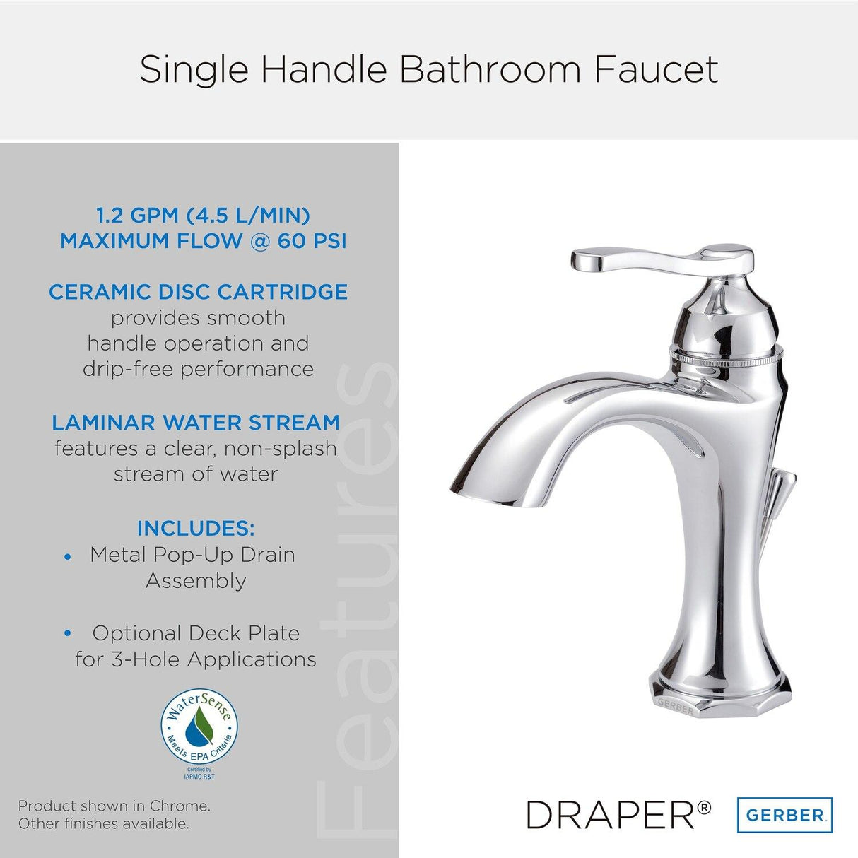 Gerber D225028 Chrome Draper Single Handle Lavatory Faucet