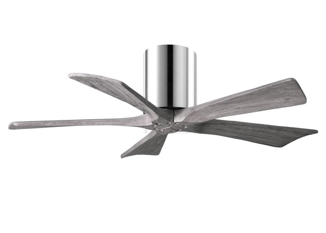 Matthews Fan IR5H-CR-BW-42 Irene-5H five-blade flush mount paddle fan in Polished Chrome finish with 42” solid barn wood tone blades. 