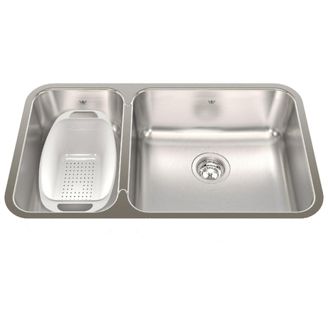 KINDRED QCUA1831L-8N Steel Queen 30.88-in LR x 17.75-in FB x 8-in DP Undermount Double Bowl Stainless Steel Kitchen Sink In Satin Finished Bowls with Silk Finished Rim