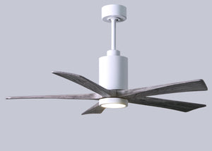 Matthews Fan PA5-WH-BW-52 Patricia-5 five-blade ceiling fan in Gloss White finish with 52” solid barn wood tone blades and dimmable LED light kit 