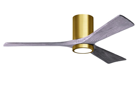 Matthews Fan IR3HLK-BRBR-BW-52 Irene-3HLK three-blade flush mount paddle fan in Brushed Brass finish with 52” solid barn wood tone blades and integrated LED light kit.