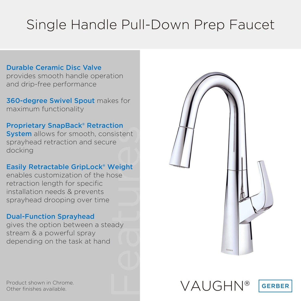 Gerber D150518 Chrome Vaughn Single Handle Pull-down Prep Faucet