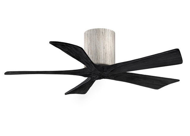 Matthews Fan IR5H-BW-BK-42 Irene-5H five-blade flush mount paddle fan in Barn Wood finish with 42” solid matte black wood blades. 