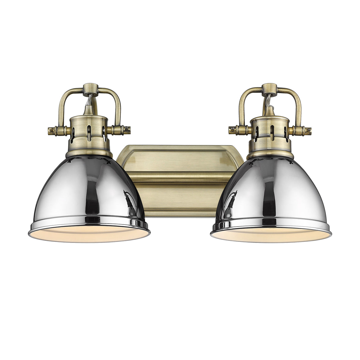 Duncan 2 Light Bath Vanity in Aged Brass with Chrome Shades