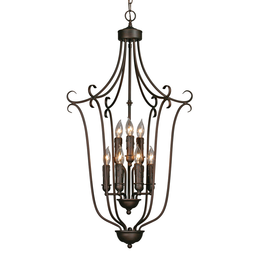 Multi-Family 2 Tier - 9 Light Caged Foyer in Rubbed Bronze with Drip Candlesticks