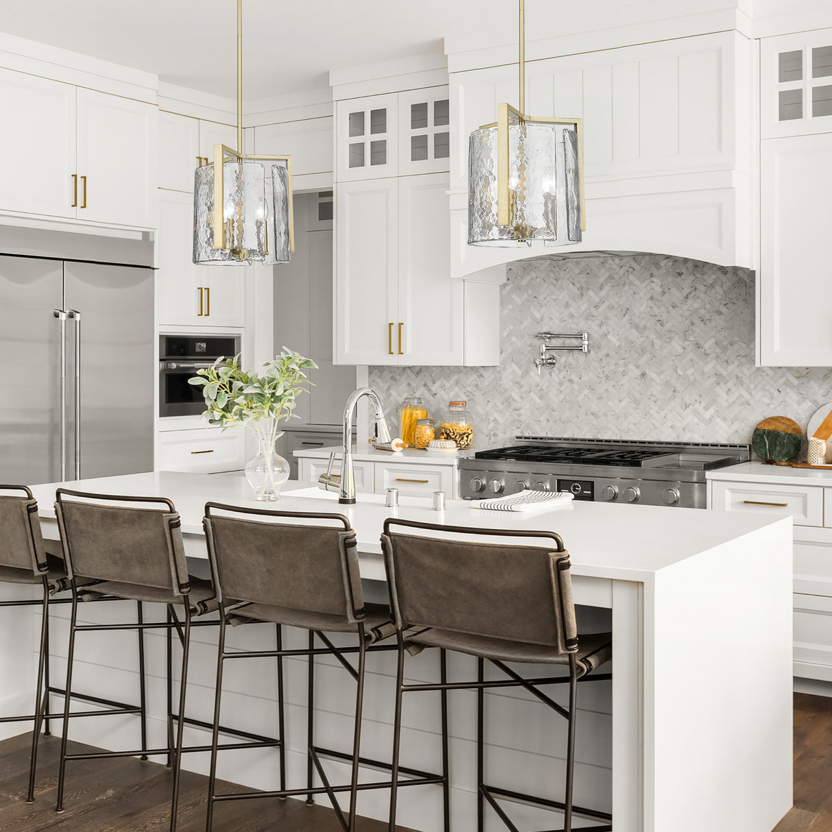 Aenon 3-Light Pendant in Brushed Champagne Bronze with Hammered Water Glass Shade