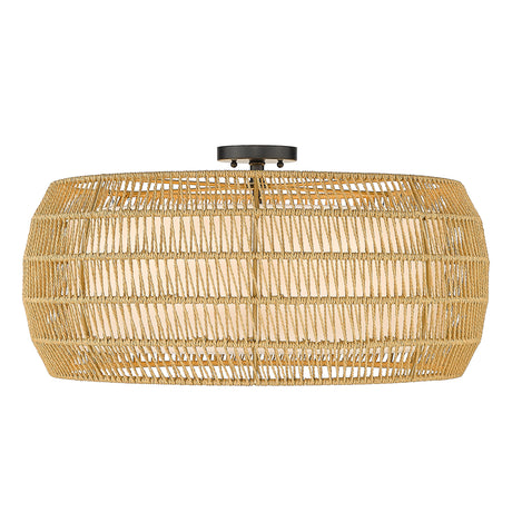 Everly 6 Light Semi-Flush in Matte Black with Natural Rattan Shade