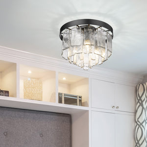 Ciara BLK 3 Light Flush Mount in Matte Black with Hammered Water Glass Shade