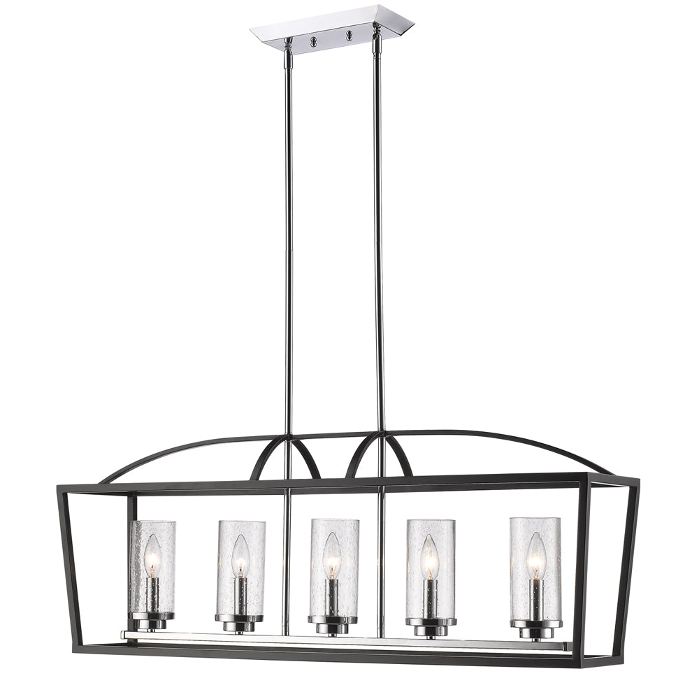 Mercer 5 Light Linear Pendant in Matte Black with Chrome accents and Seeded Glass