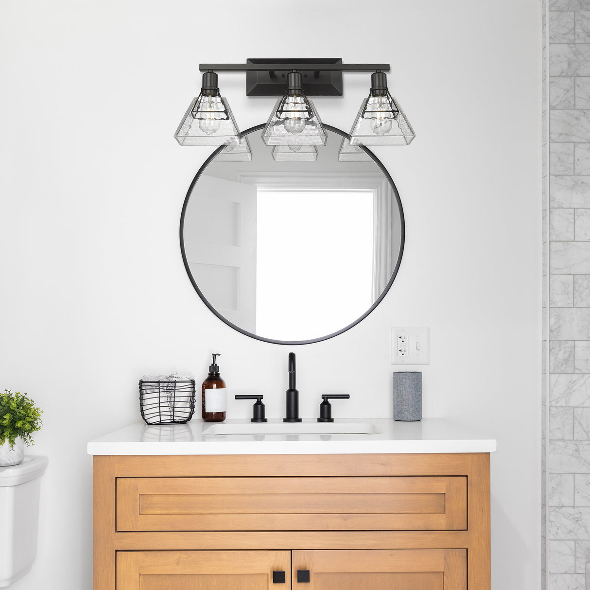 Kepler 3 Light Bath Vanity in Matte Black with Water Glass Shade