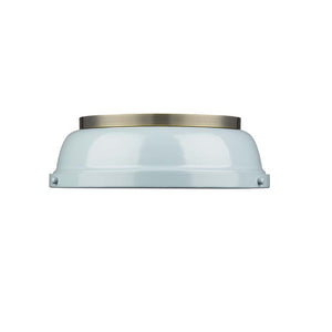 Duncan 14" Flush Mount in Aged Brass with a Seafoam Shade