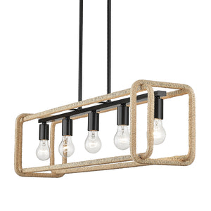 Camden Linear Pendant in Matte Black with Natural Raphia Rope
