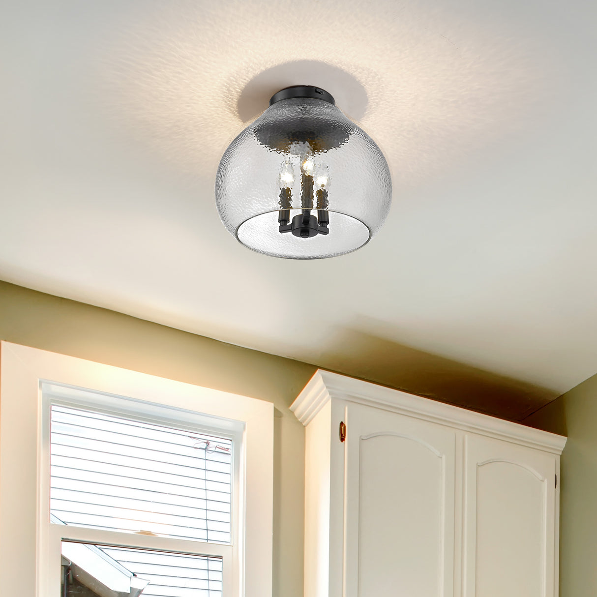 Ariella 3-Light Flush Mount in Matte Black with Hammered Clear Glass