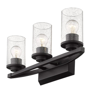 Mercer 3 Light Bath Vanity in Matte Black with Matte Black accents and Seeded Glass