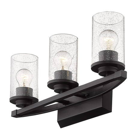 Mercer 3 Light Bath Vanity in Matte Black with Matte Black accents and Seeded Glass