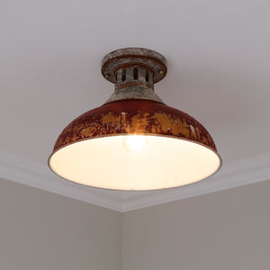 Kinsley Semi-Flush in Aged Galvanized Steel with Red Shade